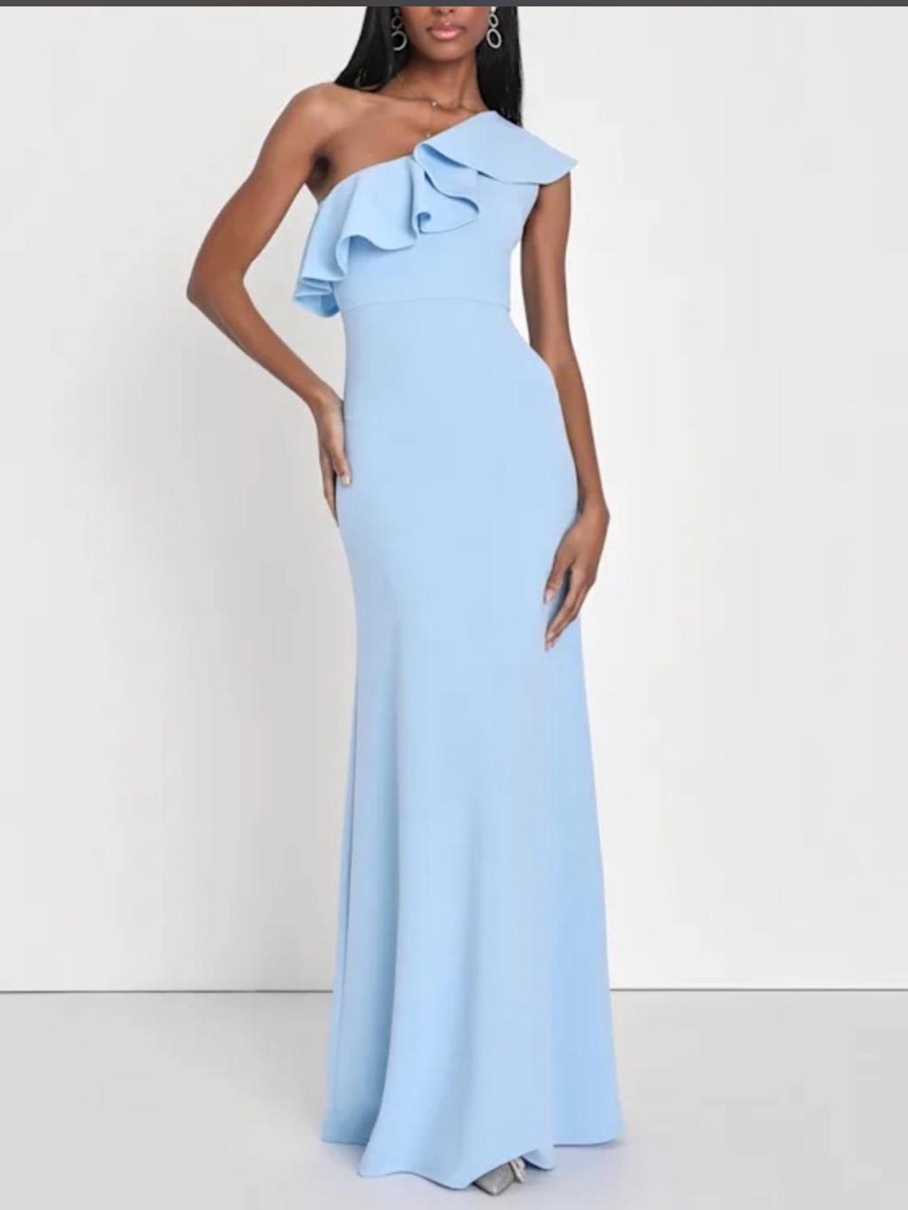 Lulus Last Forever Powder Blue One-Shoulder Ruffle Maxi Dress